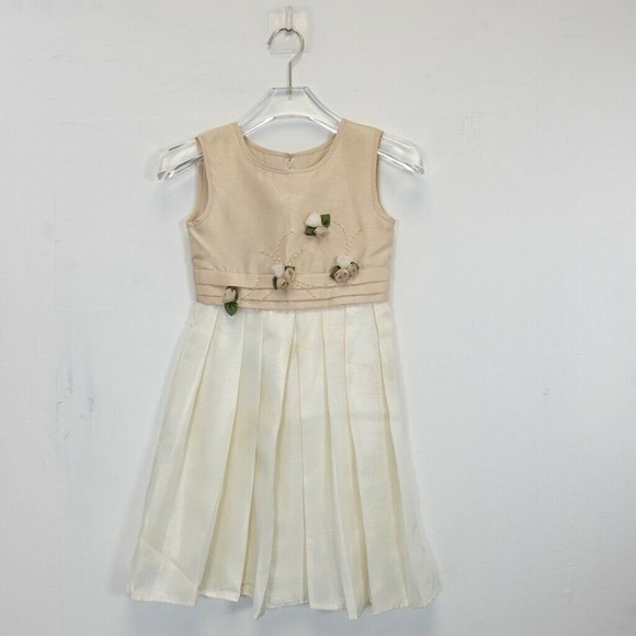 Flower Girl Dress Kids 6 Cream White Pleated 3D Flower Colorblock RUSTANETTE - Picture 1 of 12